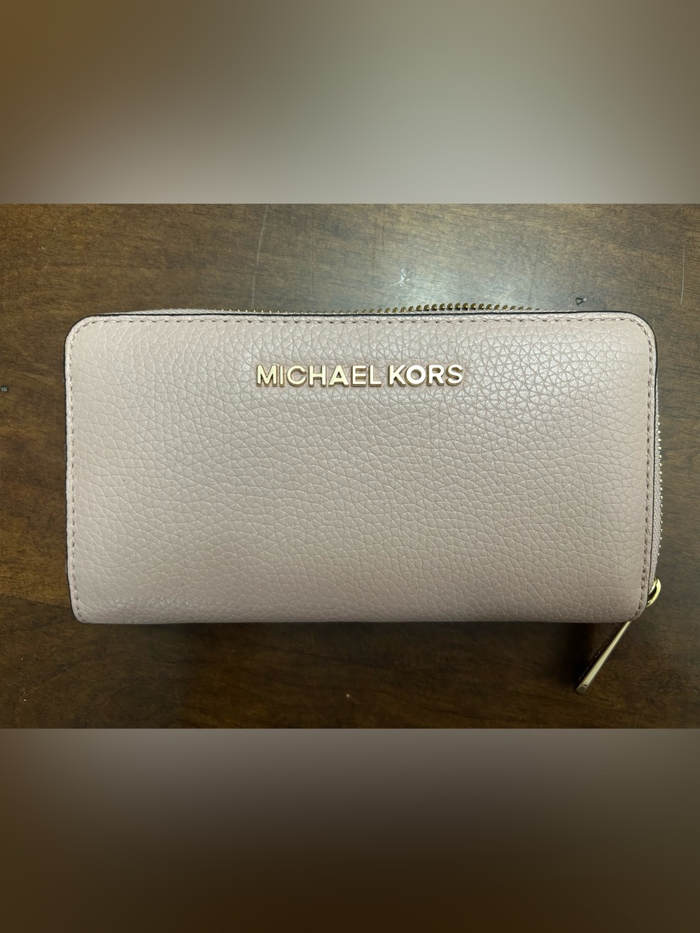 Michael Kors Blush Pink Pebbled Leather Zip Wallet with Gold Logo